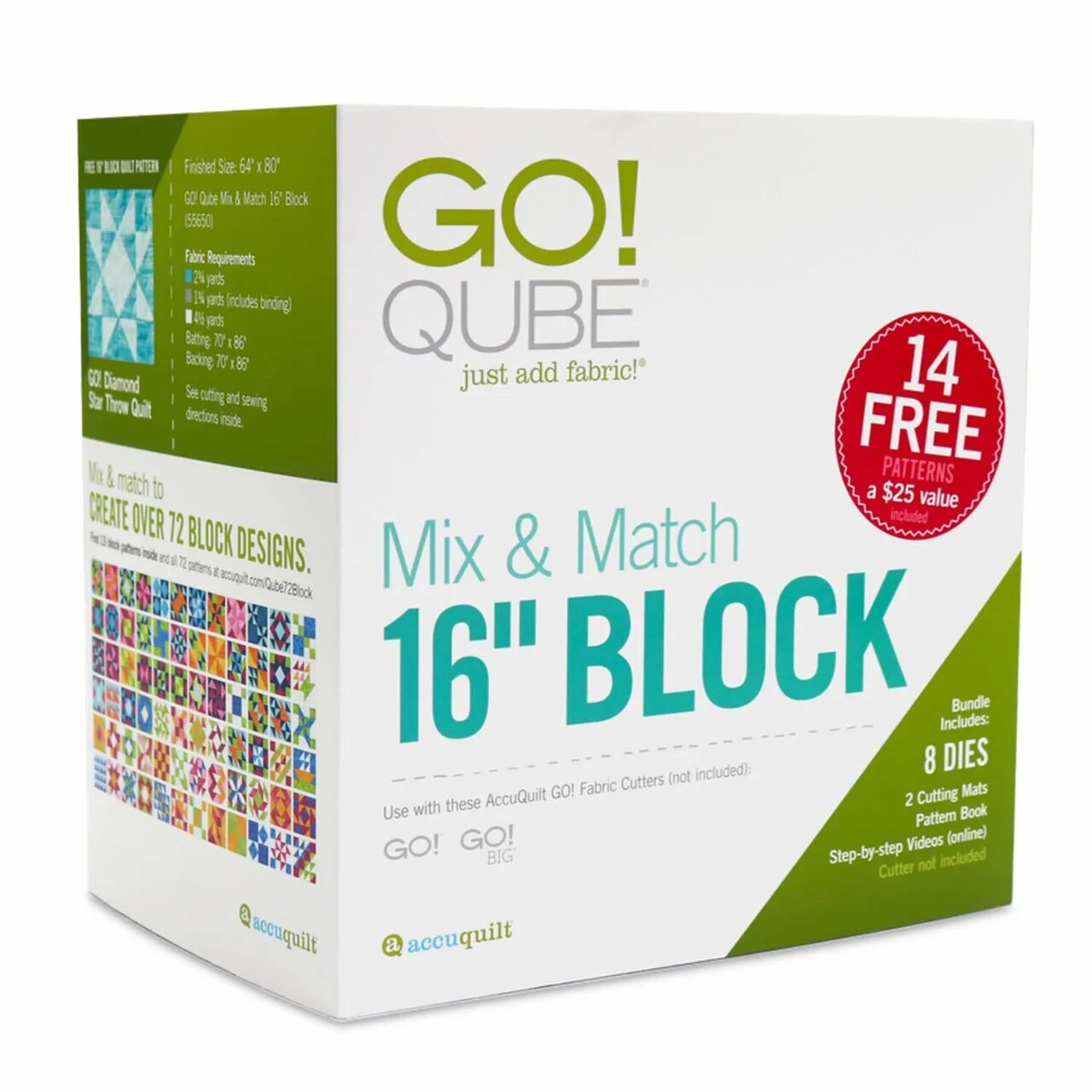 AccuQuilt GO! Qube Mix & Match 16" Block Set – Quilting Fabric Cutting Die Set with 8 Dies, Mats & Patterns, Fits GO! Cutters